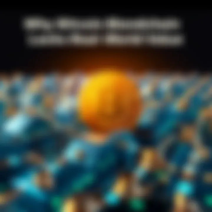 A digital illustration showing a representation of the Bitcoin blockchain with empty blocks and chains, highlighting its lack of meaningful data transmission.