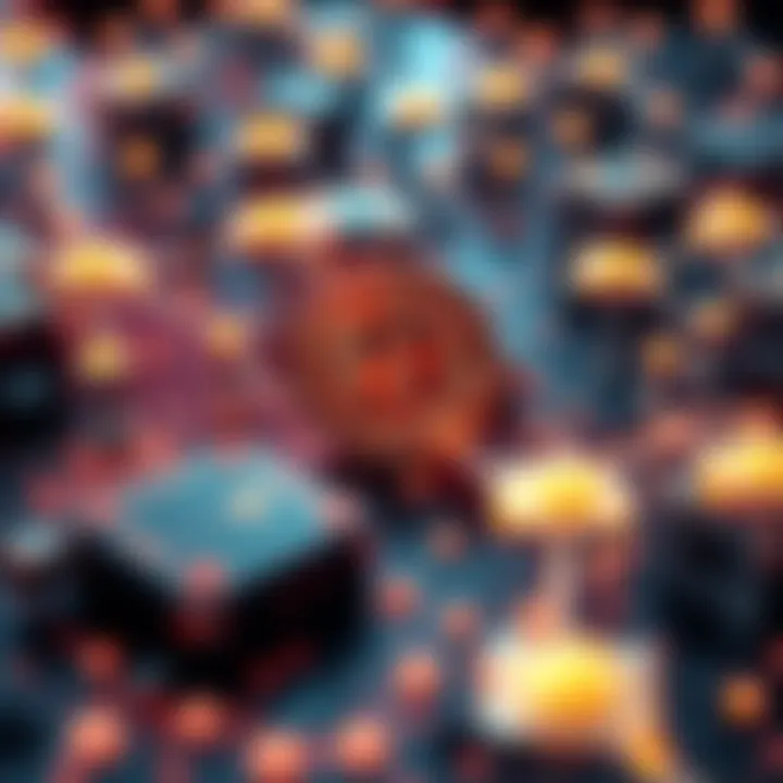 An intricate depiction of a digital blockchain network with Bitcoin symbols.