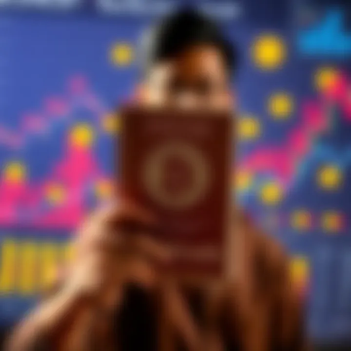 A person holding an educational book about Bitcoin in Filipino, with charts and Bitcoin symbols in the background