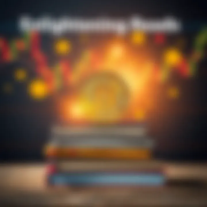 A stack of Bitcoin books with a futuristic digital backdrop, symbolizing learning and innovation in cryptocurrency