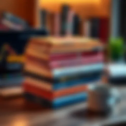 A stack of popular bitcoin books with a laptop and a coffee cup on a desk