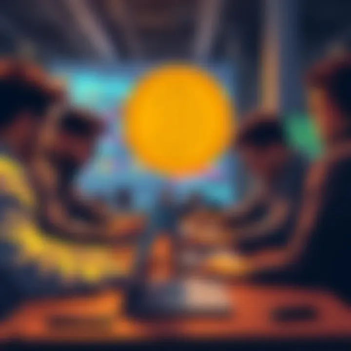 A group of people collaborating on laptops, discussing Bitcoin concepts and coding techniques for a bootcamp.