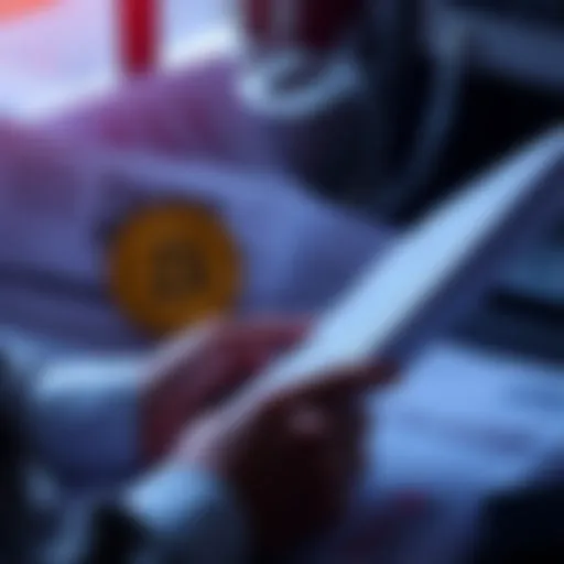 A person reviewing financial documents related to borrowing against Bitcoin with a Bitcoin logo visible