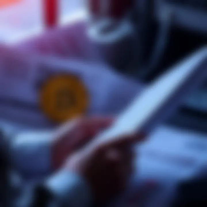 A person reviewing financial documents related to borrowing against Bitcoin with a Bitcoin logo visible