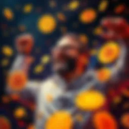 A person celebrating financial success with Bitcoin symbols around them during a bull market period.