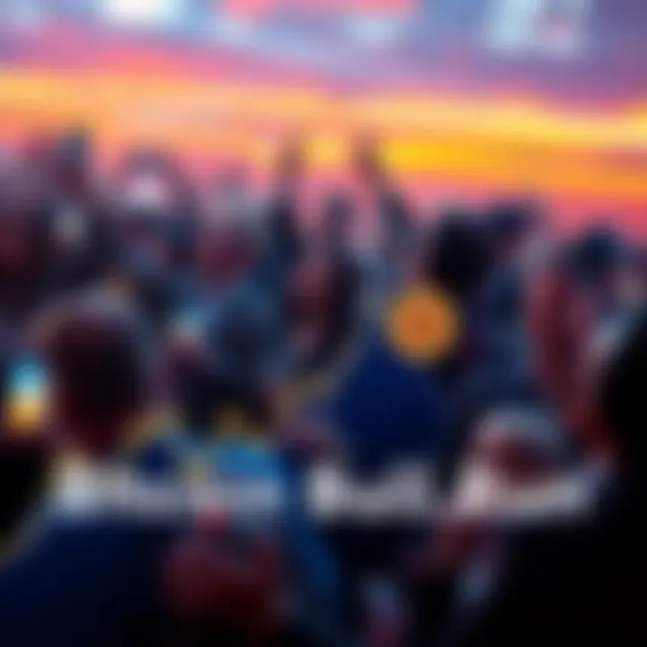 A graph showing Bitcoin price soaring upwards with retail investors looking excited and optimistic in the background.