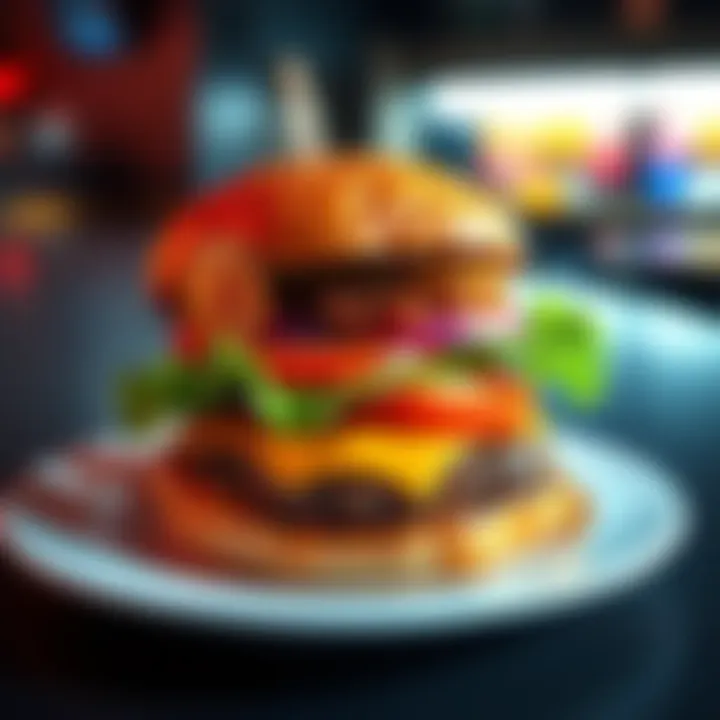 Bitcoin Burger A juicy burger with a golden Bitcoin symbol on top, served on a plate with fresh lettuce and condiments.