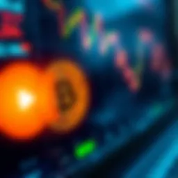 A close-up of a computer screen showing a Bitcoin buy button highlighted, with a chart displaying a declining price trend in the background