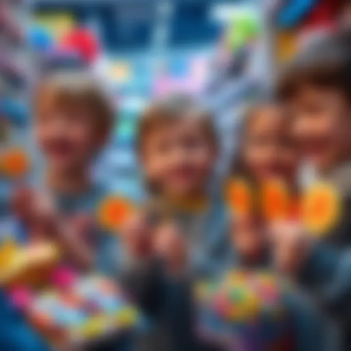 A group of kids smiling while holding various Bitcoin-themed candies and toys in a toy store