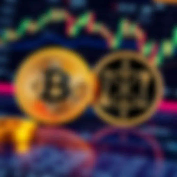 Bitcoin and Cardano logos with financial charts Bitcoin and Cardano logos against a backdrop of financial charts representing decentralized finance concepts