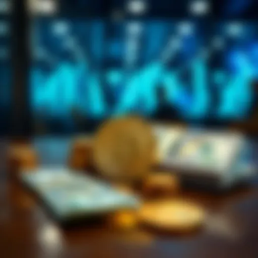 A visual showing Bitcoin coins and cash on a table, illustrating the choice between spending Bitcoin or cash for purchases.