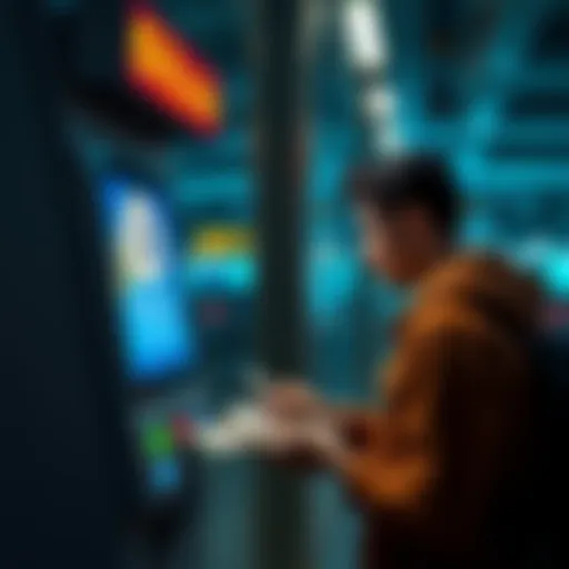 A person exchanging Bitcoin for cash at a digital kiosk