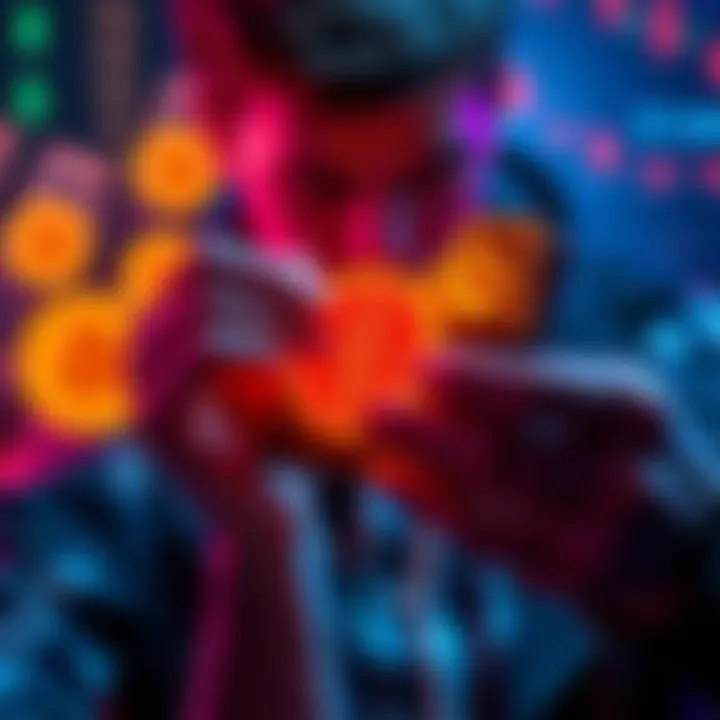 A person holding a digital wallet with Bitcoin symbols and cash in the background, contemplating whether to sell or hold.