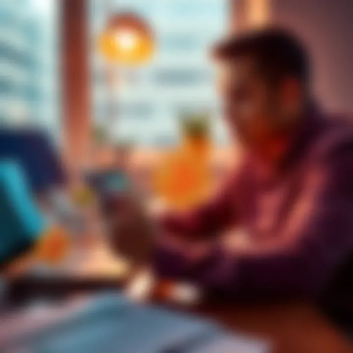 Person reviewing Bitcoin funds on a smartphone while sitting at a desk with a laptop and bank statements.