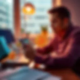 Bitcoin Cash Out Guide Person reviewing Bitcoin funds on a smartphone while sitting at a desk with a laptop and bank statements.