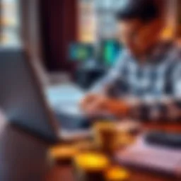 A person calculating taxes with a laptop and Bitcoin coins on the table