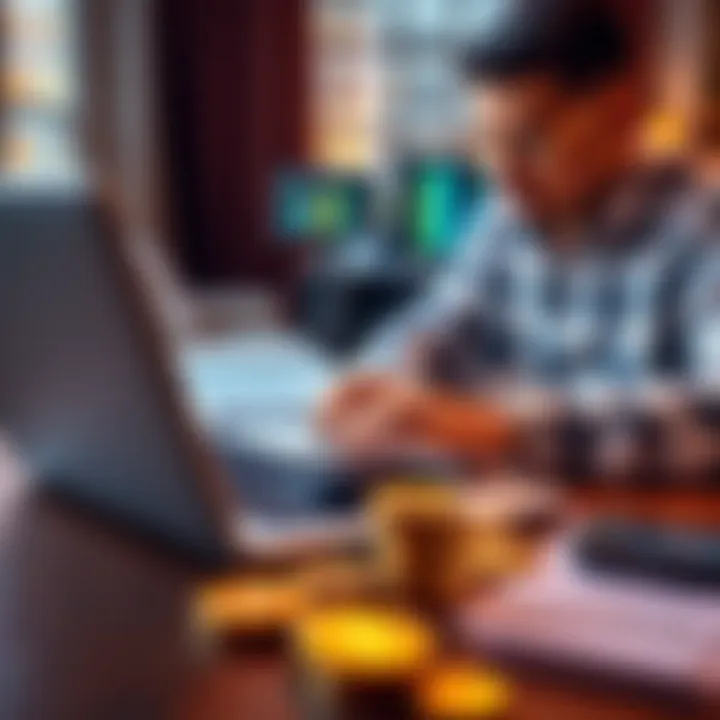 A person calculating taxes with a laptop and Bitcoin coins on the table