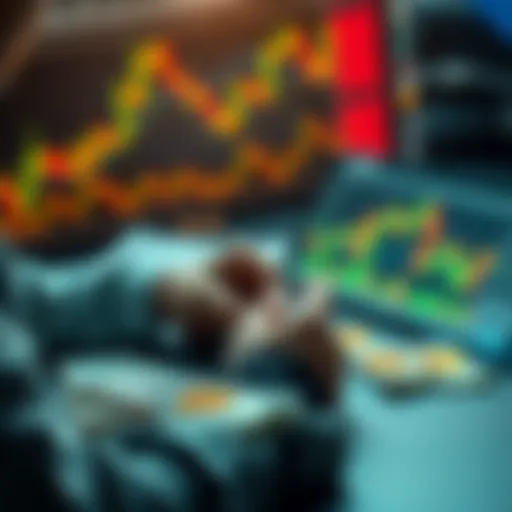 A person analyzing financial charts with Bitcoin symbols and cash on the table, preparing for a transaction.