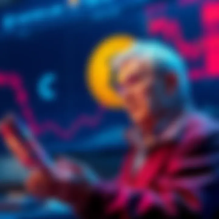 A thoughtful older individual examining bitcoin graphs and currency conversion charts