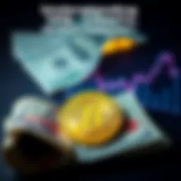 Bitcoin symbol and cash Bitcoin symbol next to traditional cash with graphs showing transaction rates