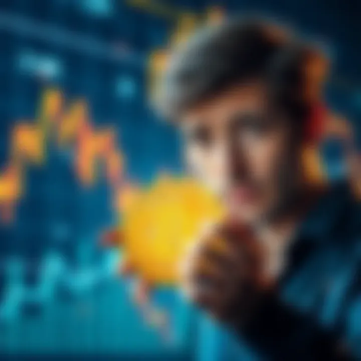 A person looking worried while holding a Bitcoin symbol with falling charts in the background.