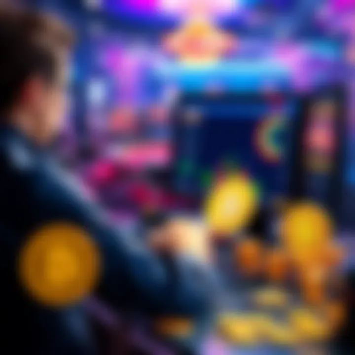 A person sitting at a computer playing an online casino game with bitcoin symbols and chips nearby, showcasing the shift to cryptocurrency gambling.