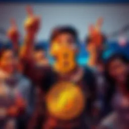 Individual excitedly holding a Bitcoin symbol, surrounded by friends and family in a cheerful setting.