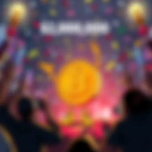A cartoon Bitcoin character celebrating with confetti as it approaches the $200,000 milestone, surrounded by excited crypto enthusiasts.