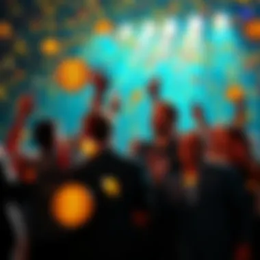 A group of people celebrating with Bitcoin symbols and confetti, showcasing joy and excitement for the milestone achievement.