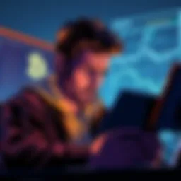 A person looking concerned while reading a Bitcoin forum, highlighting issues of censorship and transparency