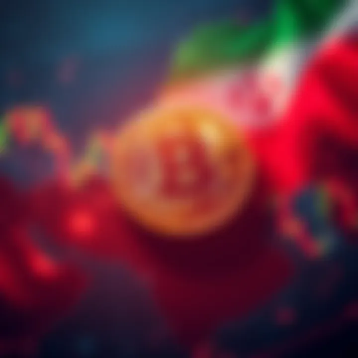 A Bitcoin symbol with a backdrop of stock market graphs and a silhouette of Iran's map, symbolizing insider trading and geopolitical tension.