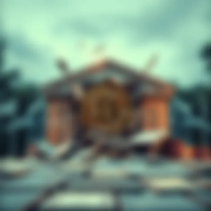 A Bitcoin symbol breaking away from a traditional bank building, representing financial freedom