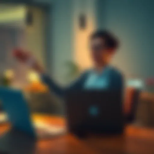 A person sitting at a desk with a laptop, excitedly reaching out for feedback on a new Bitcoin channel during a video call