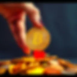 Bitcoin and Charity A hand holding a Bitcoin symbol above a pile of coins and a heart icon, representing charitable donations.