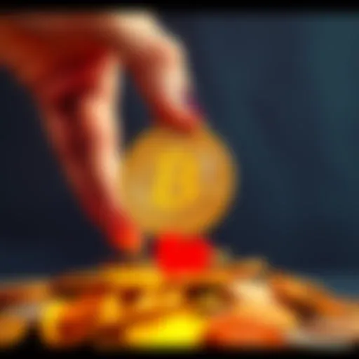 Bitcoin and Charity A hand holding a Bitcoin symbol above a pile of coins and a heart icon, representing charitable donations.