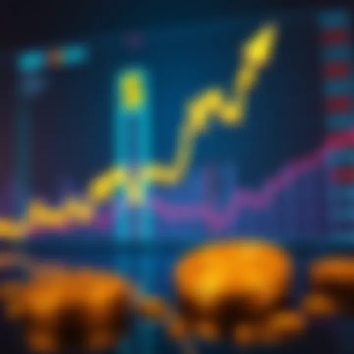 A chart showing Bitcoin prices increasing with a dollar sign and a graph in the background