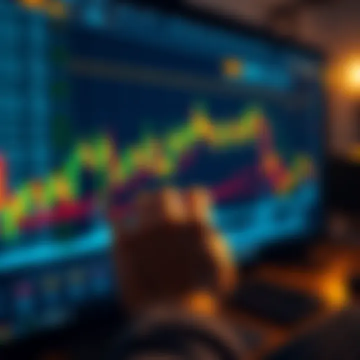 A close-up of a computer screen displaying fluctuating Bitcoin price charts, with a person’s hand hovering over the refresh button.