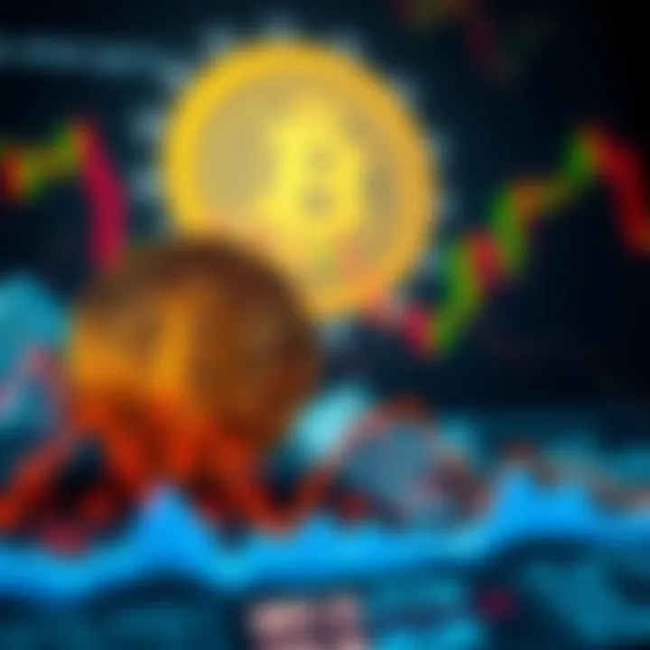 A visual representation of Bitcoin Power Law and Rainbow charts showing downward trends, with a focus on diminishing returns in the background.