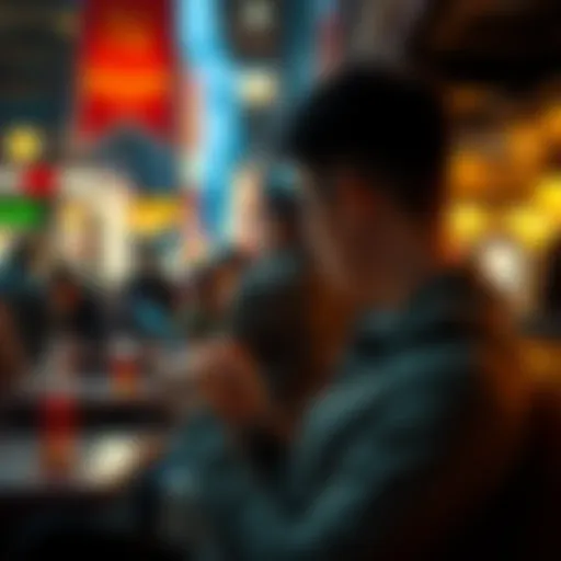 Individual looking at Bitcoin price chart on a smartphone while sitting in a crowded café during unrest