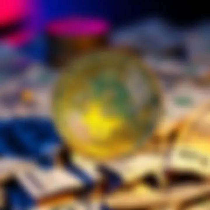 A shiny Bitcoin coin resting on a pile of cash, symbolizing its rarity and value.