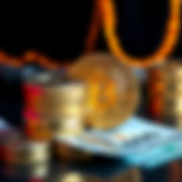 A stack of shiny Bitcoin coins next to a few small cash notes, showing the idea of making small investments in cryptocurrency.