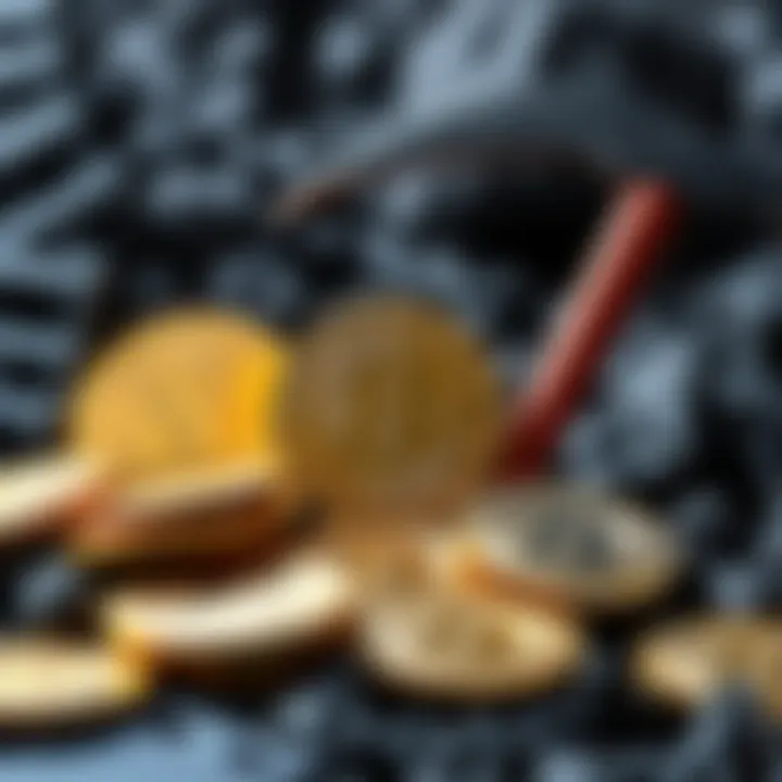 A collection of Bitcoin coins representing the 20 million coins in circulation alongside a mining pickaxe to symbolize the mining phase.