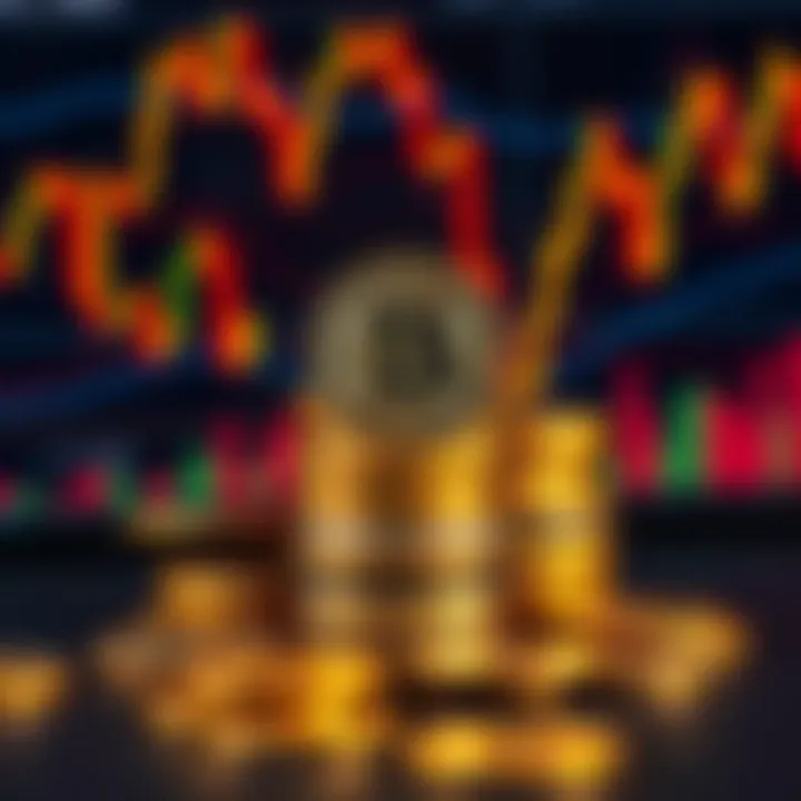 A pile of Bitcoin coins in front of various financial charts, illustrating the concept of cryptocurrency investment and holding strategy