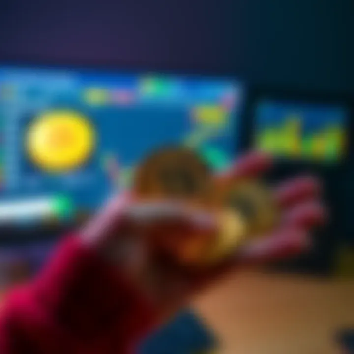 A person holding bitcoin coins with a computer screen showing a selling platform.