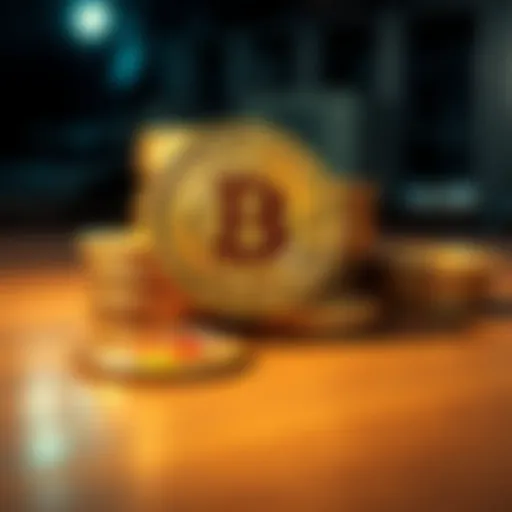 A close-up view of Bitcoin coins stacked on a wooden table, symbolizing cryptocurrency value and production.