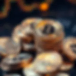 A close-up view of shiny Bitcoin coins stacked on top of each other, symbolizing investment and wealth.