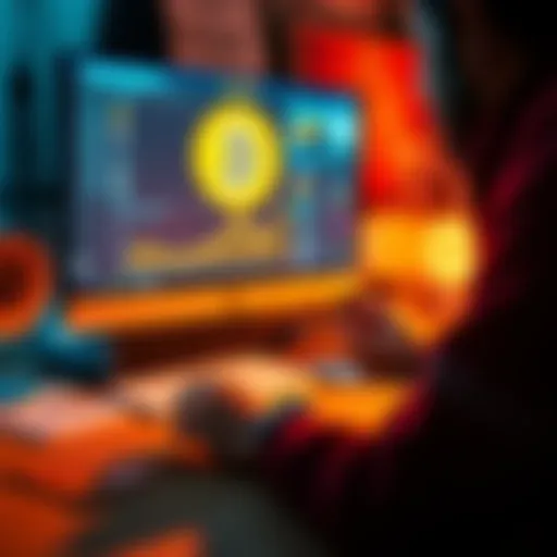 A person looking at a computer screen showing Bitcoin transactions, with a Bitcoin wallet and cold storage device on the table.