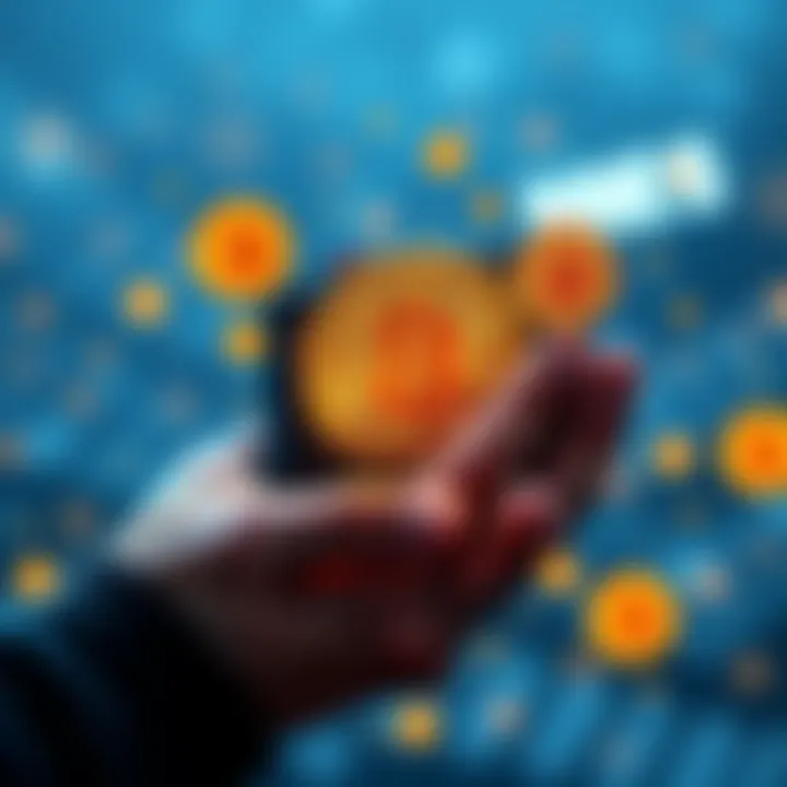 A person holding a cold wallet with Bitcoin symbols around it