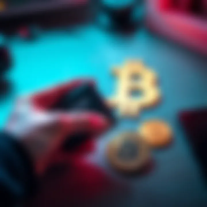 A hand holding a Ledger cold wallet next to a Bitcoin symbol on a table