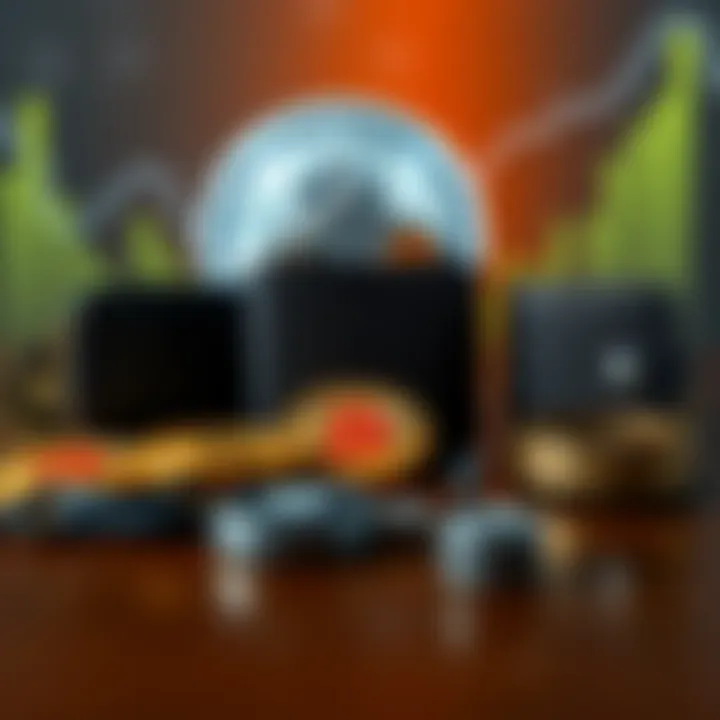 Various Bitcoin cold wallets arranged on a table with a digital currency symbol in the background